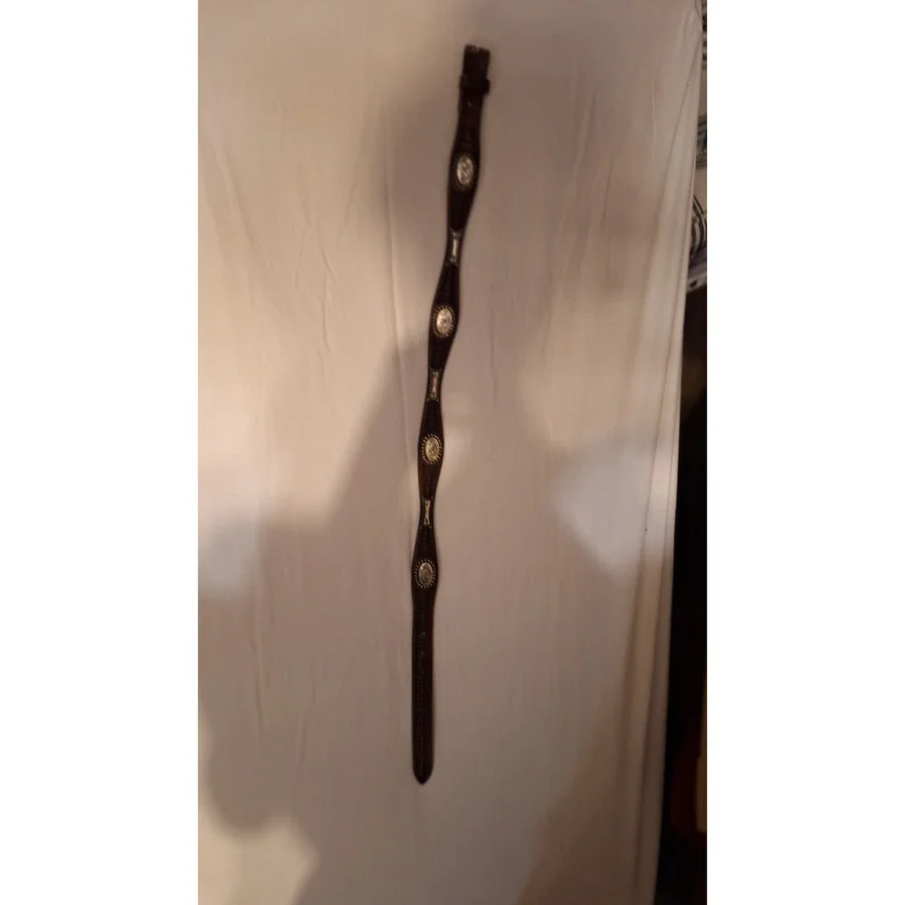 VINTAGE WESTERN LEATHER CONCHO BELT BROWN TOOLED BRAIDED SILVER Sz 28